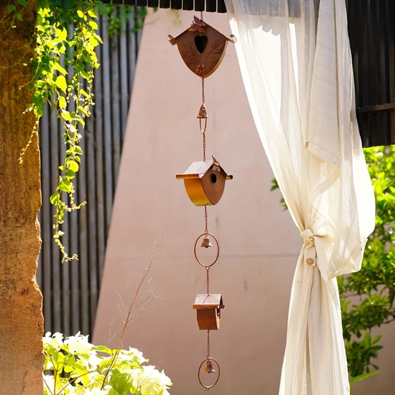 Gold Bird Houses Rain Chain For Heavy Rain, Functional & Decorative Replacement Downspout Chain For Outside Rainchain