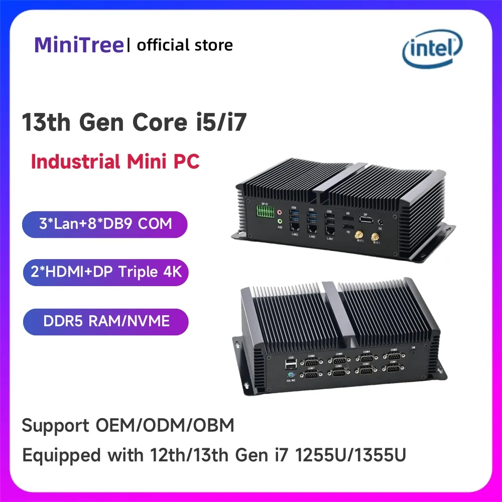Embedded Industrial Computer 8xCOM Ports Core i7 150U I7 1260P 3x2.5G Lan 2xHD DP Win11 GPIO Industrial Automation Control PC