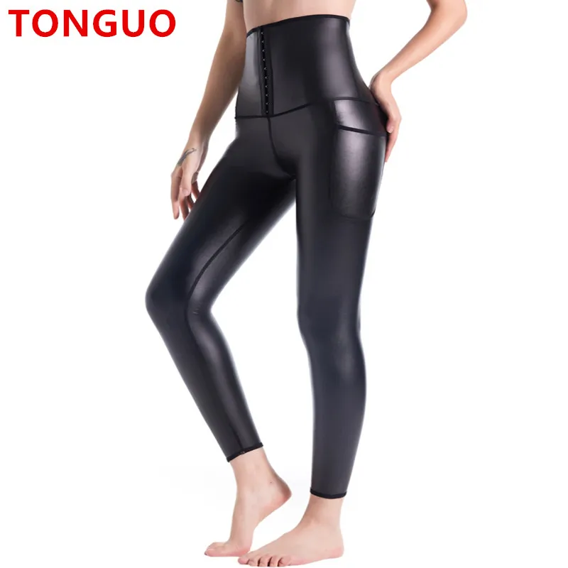 

TONGGUO Women Faux Leather Leggings Stretchy High Wiast Leather Tight Pants Girl Sexy Body Shaper 3 Hook Adjustable With Pockets