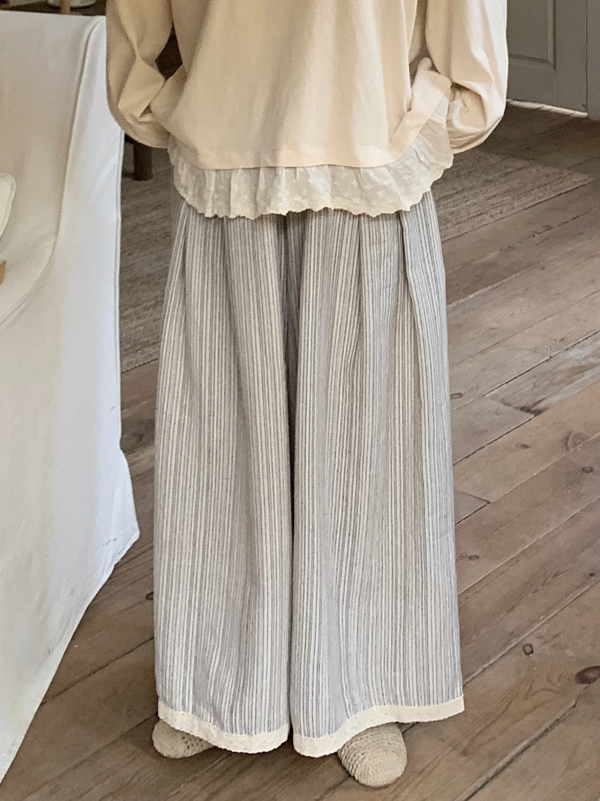 

Vintage High Waist Wide Leg Pants JOENG Japanese Style Cotton Linen Ruffle Striped Elastic Straight Leg Trousers for Women