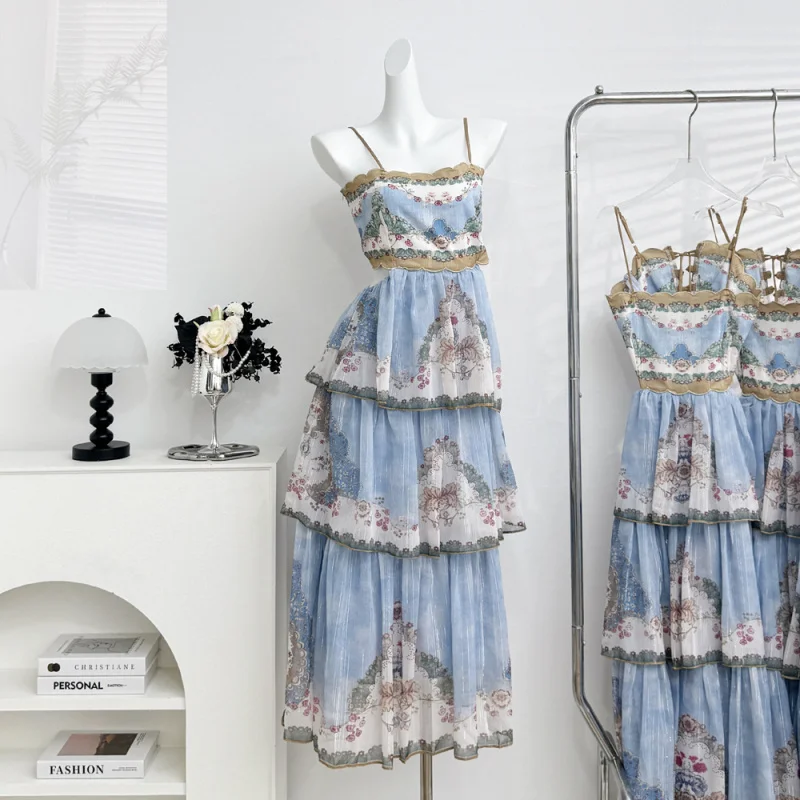 

Women's 2026 Spring New Arrival High-End Vacation Long Dress, Heavy Fabric Allover Printed Spaghetti Strap, Backless Waist Belt