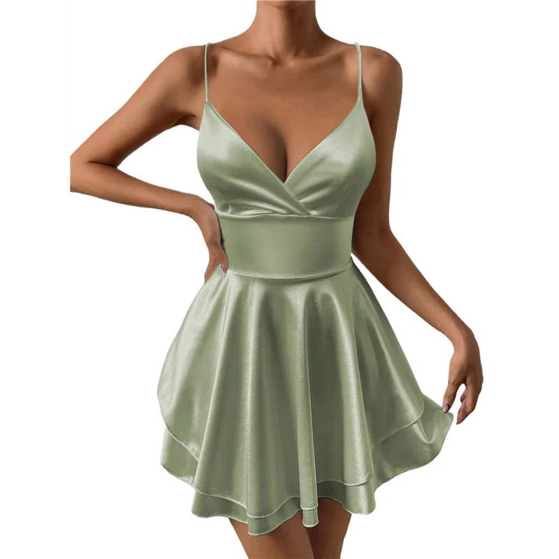 

ASDS-Women Spaghetti Strap Satin Dress Sleeveless Low Cut Backless Short Romper Dress Party Jumpsuit