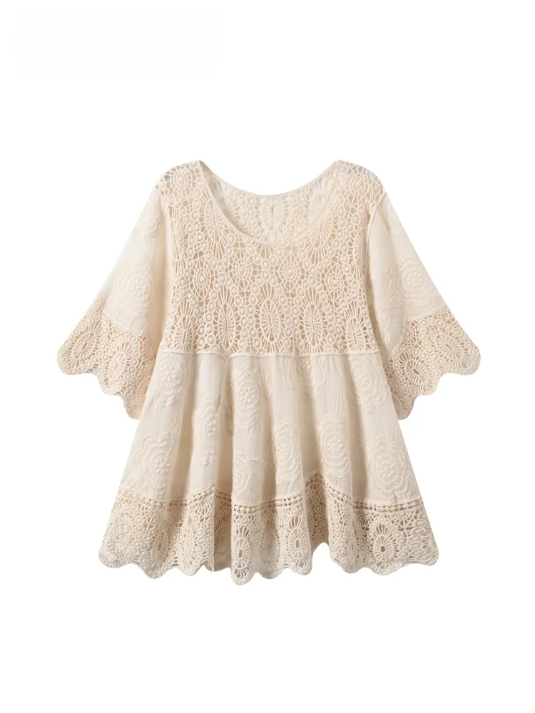

CaraCLUB plus Size Long Sleeve Women's Cover up Summer New Style Slimming Versatile Hollow out Fashion round Neck Top