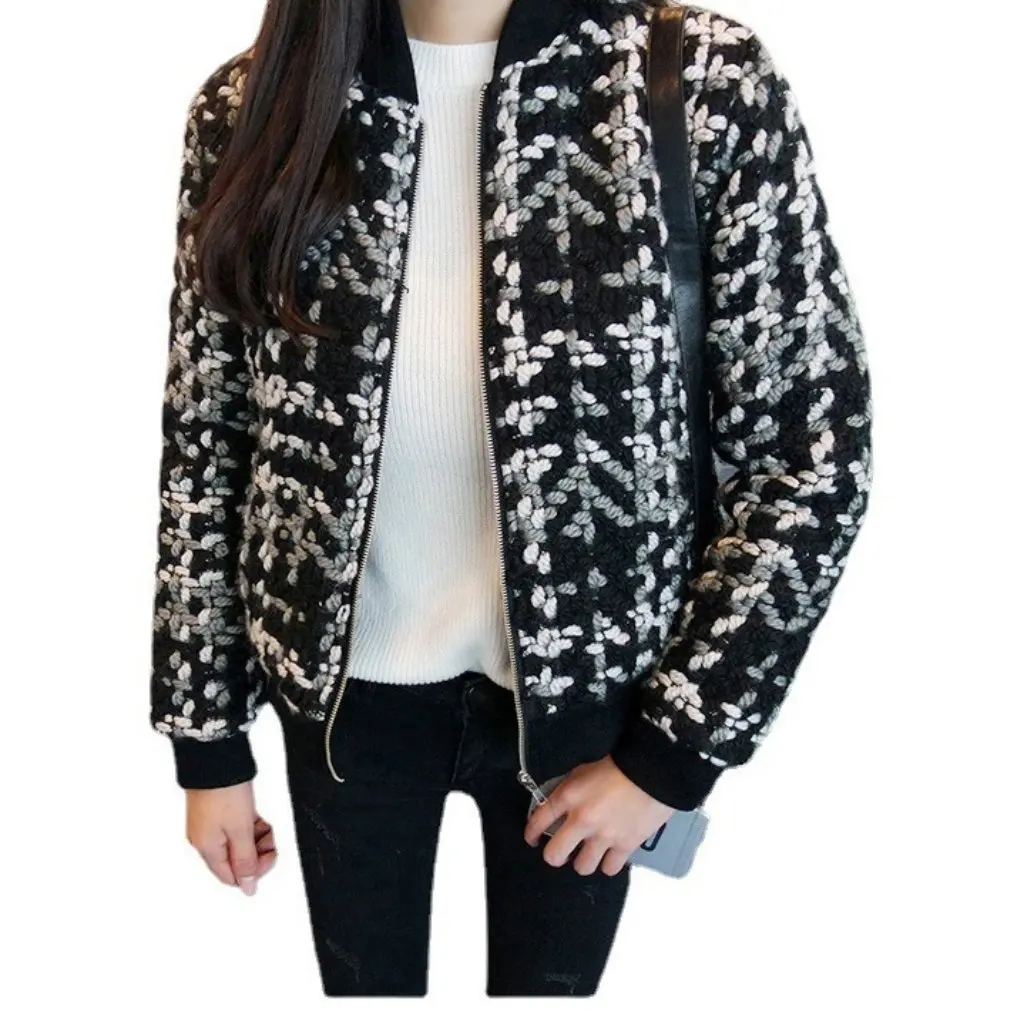 

Qiuxin Korean Style Women's Short Houndstooth Quilted Woolen Outwear Thickened Baseball Uniform Chic Fashionable Outerwear