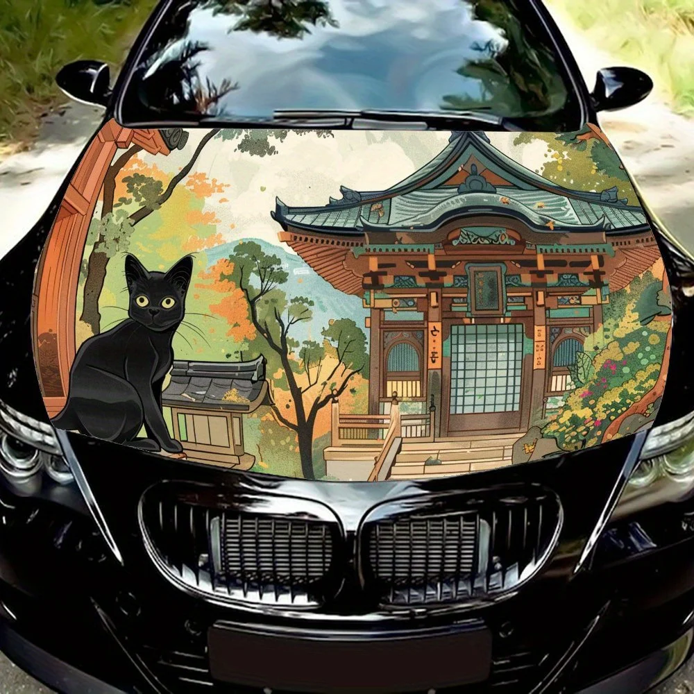 

Japanese - style Architecture Cat Print car hood stickers, waterproof self-adhesive, scratch resistant, easy to stick, durable c