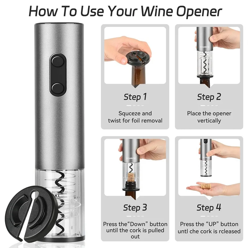 A59E-Pembuka Botol Anggur Listrik dengan Pemotong Foil Baja Tahan Karat Dioperasikan dengan Baterai Pembuka Botol Anggur Set Pembuka Botol Otomatis