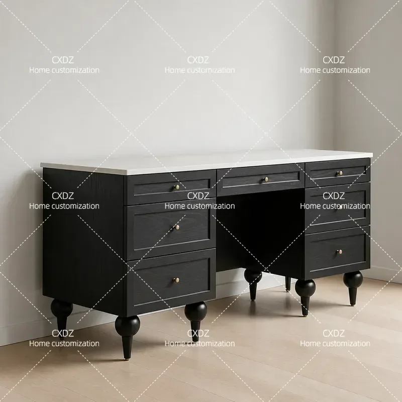 Retro Solid Wood Desk with Marble Top Multi Drawer Black Study Table Home Office Computer Workstation Rock Slab Surface