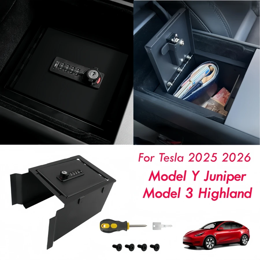 

Carbonsteel Center Console Safe Organizer For Tesla Model Y Juniper & Model 3 Highland 2025 2026 Armrest Lock Box with Lock