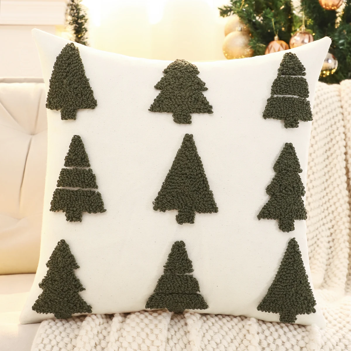 1 PC ตกแต่งคริสต์มาสโยนหมอนเย็บปักถักร้อยผ้าใบ Tufted Snowflake Reindeer