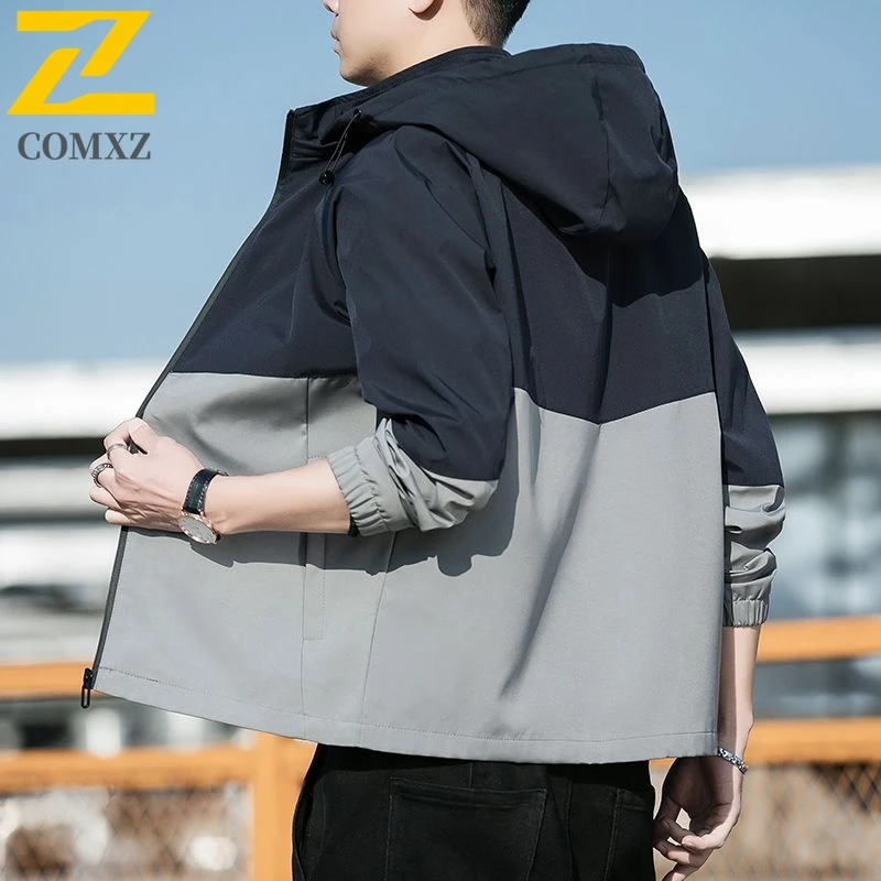 

COMXZ Мужская куртка 2022, осенняя с капюшоном, повседневная ветровка с капюшоном для приключений на открытом воздухе, рыбалки нахлыстом, скалолазания, пальто, верхняя одежда с цветными блоками