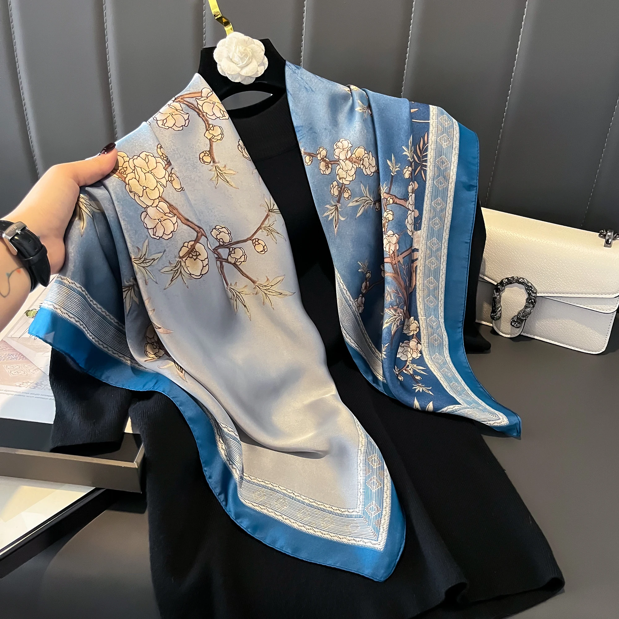 New Fashion Kerchief Silk Satin Neck Scarf For Women Print Hijab Scarfs Female 90*90cm Square Shawls and Wraps Scarves For Lady