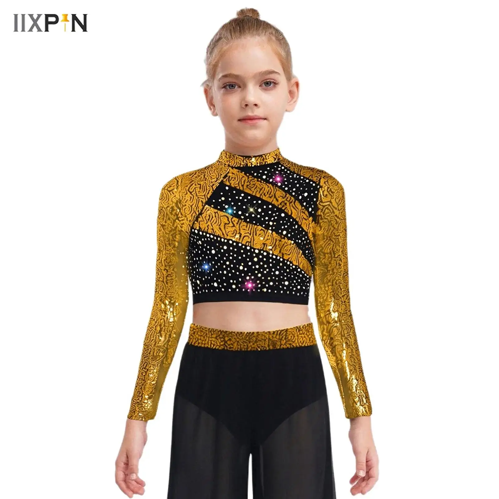 

Kids Girls Jazz Hip-hop Dance Tops Long Sleeve Mock Neck Sequin Rhinestones Cutout Back Crop Top for Gymnastics Performance