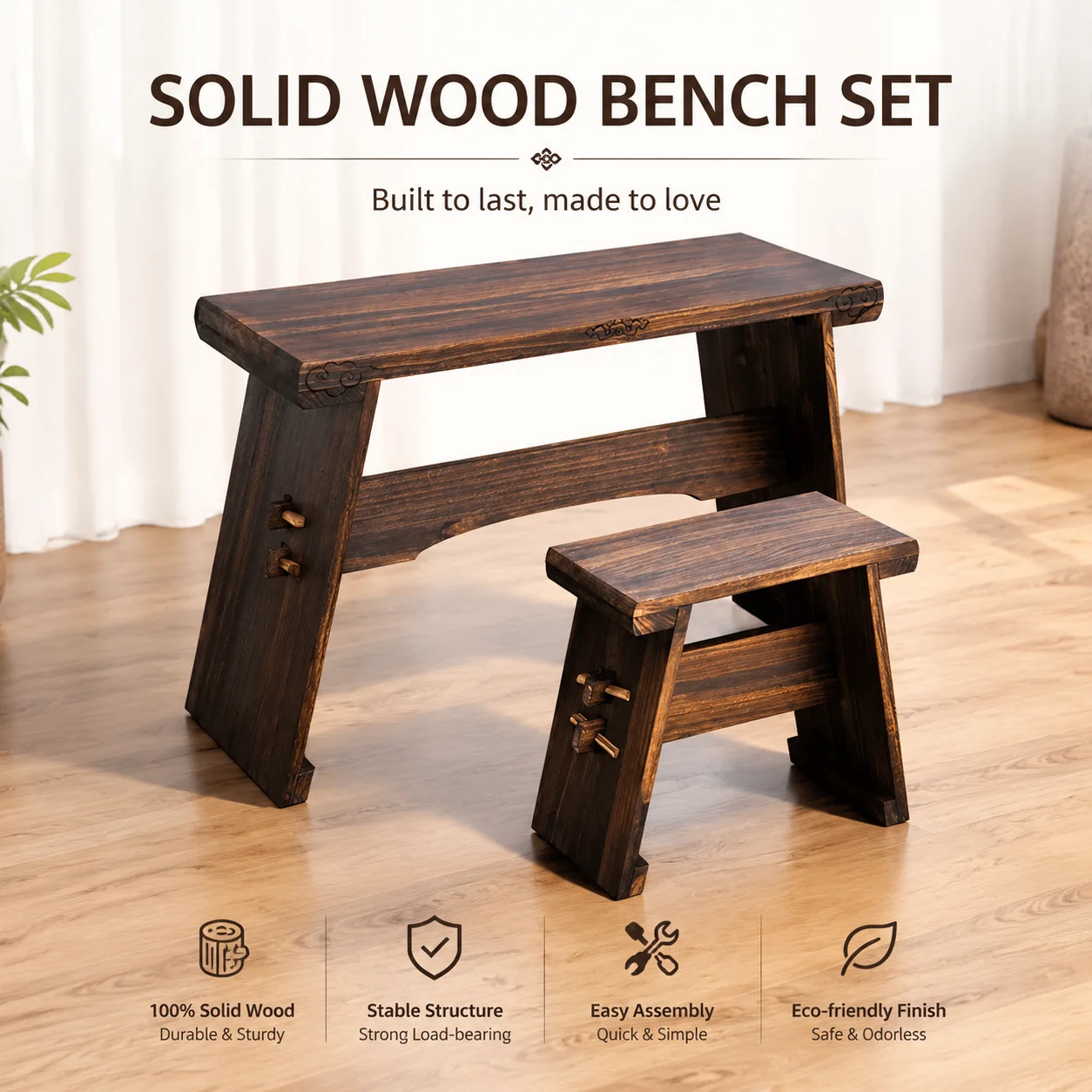 Traditional Paulownia Guqin Table and Bench Set – Portable Solid Wood Tea Desk for Home Decor