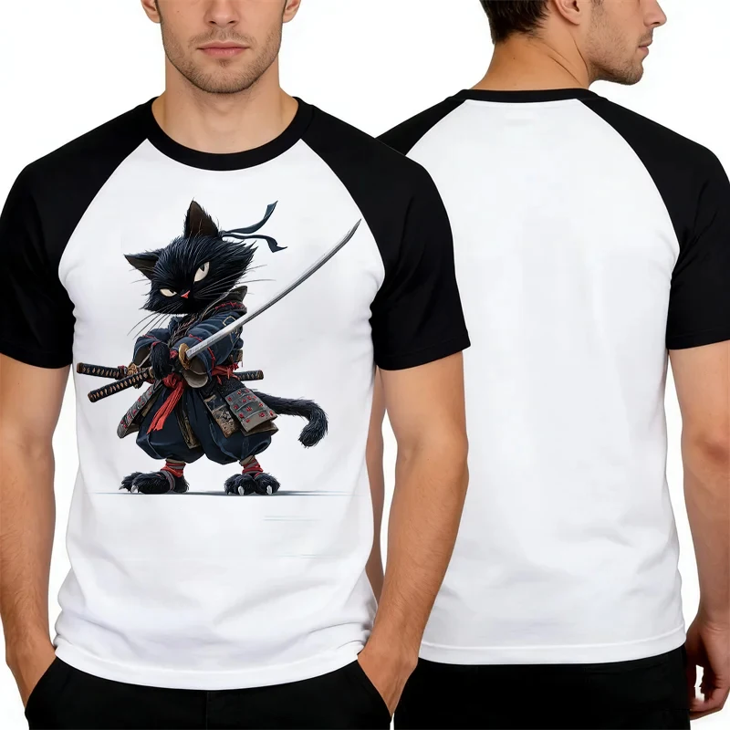 

Minimalist 3D Samurai Cat Print Men's Short Sleeve T-shirt Fashion Loose Breathable O-Neck Men Clothes Daily Street Leisure Tops