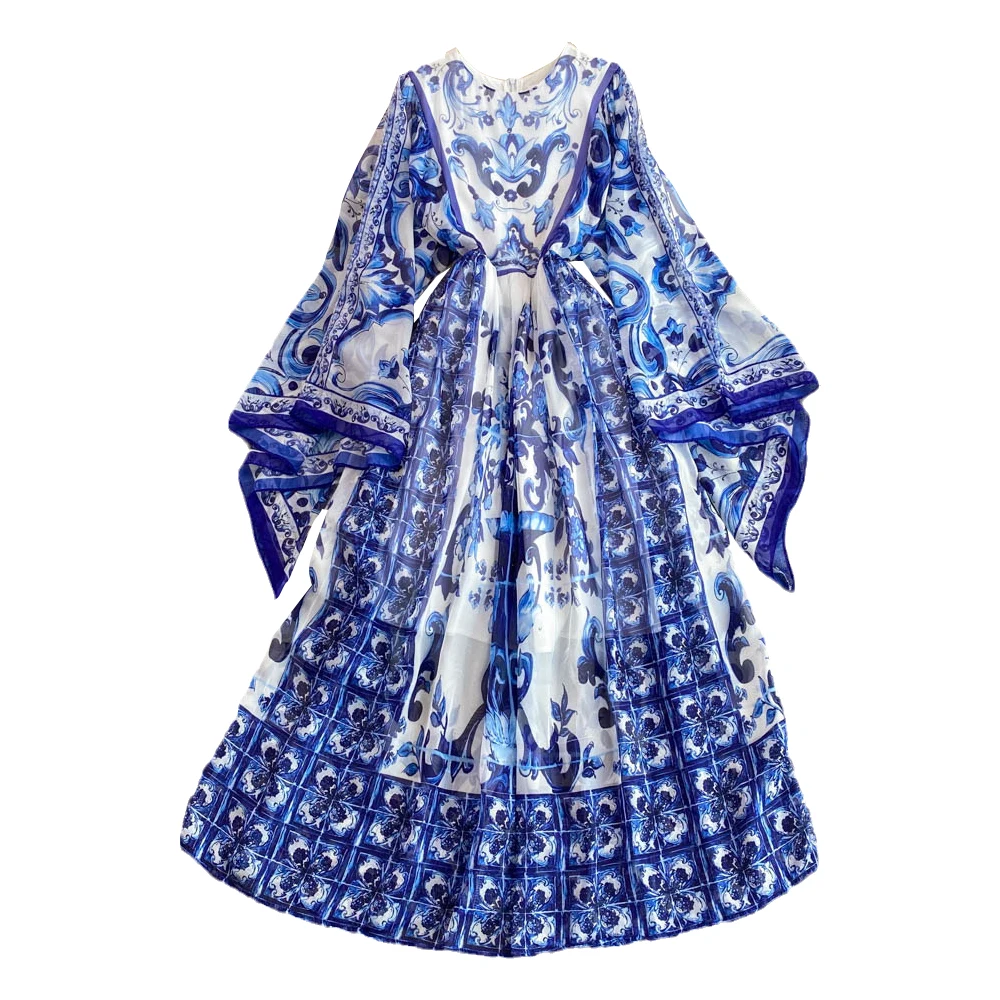 Retro Court Sle round Ne Bell Sve Stampa in porcellana ampia A-Line Dr Beach Vaion Gonna lunga Coreano Sle Pendolarismo