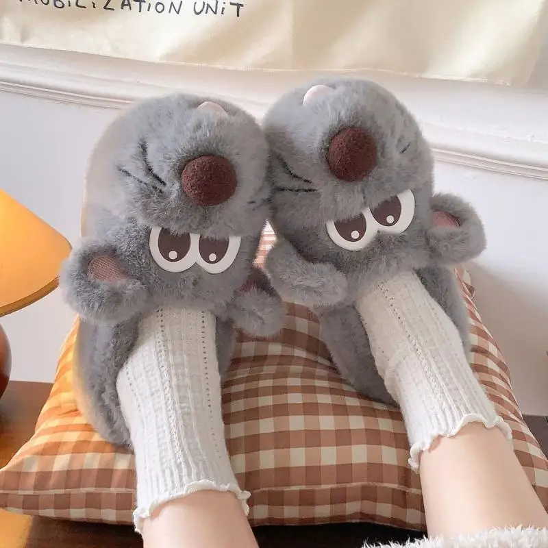 Cute Mouse Furry House Slippers for Women Chunky Bottom Non Slip Indoor Slippers Warm Plush Soft Sole Winter Couple Shoes Women