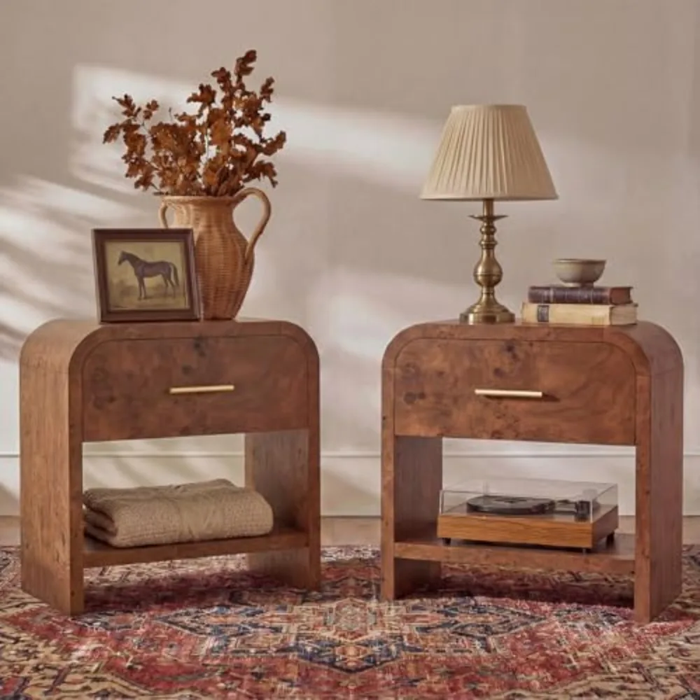 Night Stand Set of 2 [Unique Curved Profile] [FSC-Certified Wooden Board] 1-Drawer and 1 Storage Shelf Nightstand 24