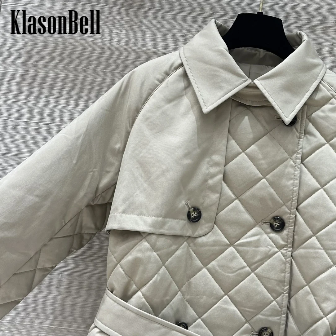 8.11 KlasonBell Women British Style Bead Chain Argyle Plaid Quilted Keep Warm Parkas Lapel Double Breasted Sashes Long Coat