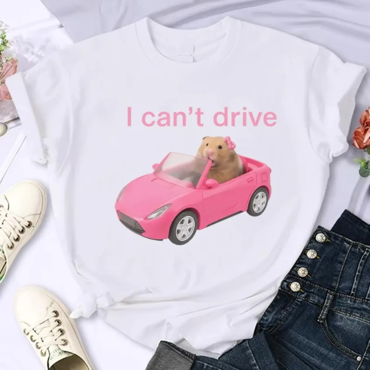 I Cant Drive Funny Hamster Meme T-Shirt Women Fashion Print Short-sleeved T-shirt Harajuku Casual Female Clothes Streetwear Top