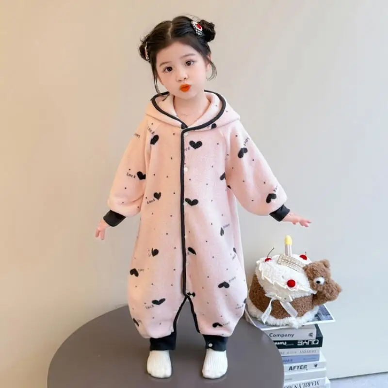 

Girls Autumn Winter Onesie Pajamas Heart-Shaped Pattern Pajama Set Flannel Loungewear Warmth Kids Clothing Trendy Hooded Pj Set