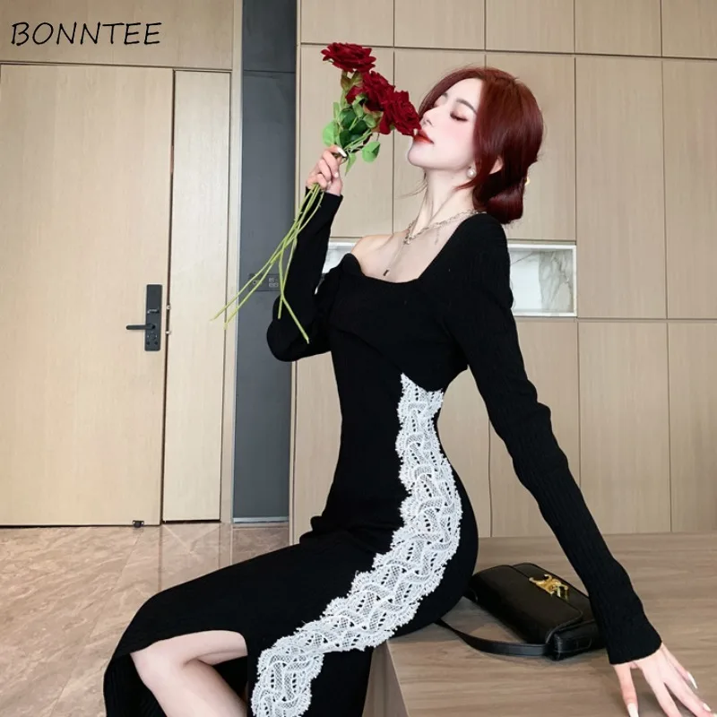 

Black Dresses Women Knitted Slim Sexy Elegant Midi Hip Wrap New Temperament Lace Diagonal Collar Fall Winter Basic Female Chic