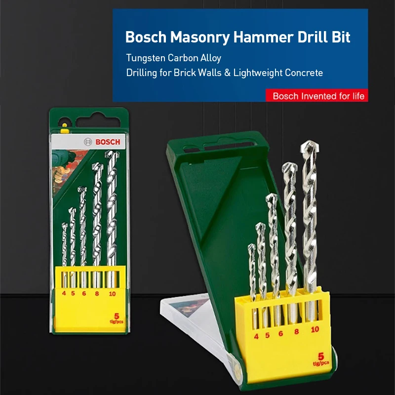 Bosch 5Pcs Masonry Drill Bits Set, Tungsten Carbide Tip 4/5/6/8/10mm, for Brick Wall & Light Concrete, Impact Drill Compatible