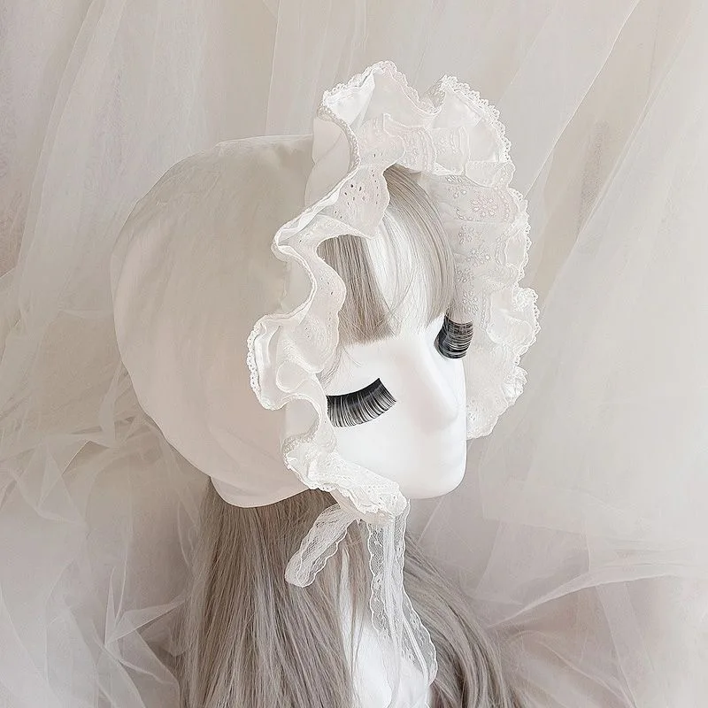 Lolita Rüschen Motorhaube Hut Mädchen Vintage Rüschen Maid Sua Cosplay Kostüm Zubehör Spitze Bogen Hut Für Frauen Geschenk Kürbis Kappe
