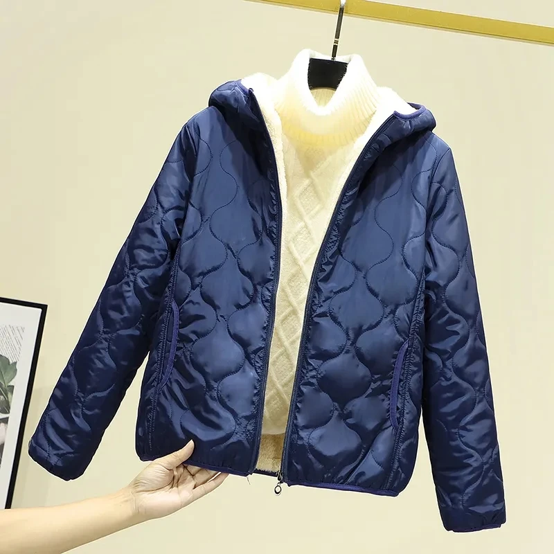 Lamb Wool Coat Cotton Jacket Women's Short 2023 New Female's Hooded Cotton Jacket Plus Velvet Light Autumn Winter Cotton Jacket