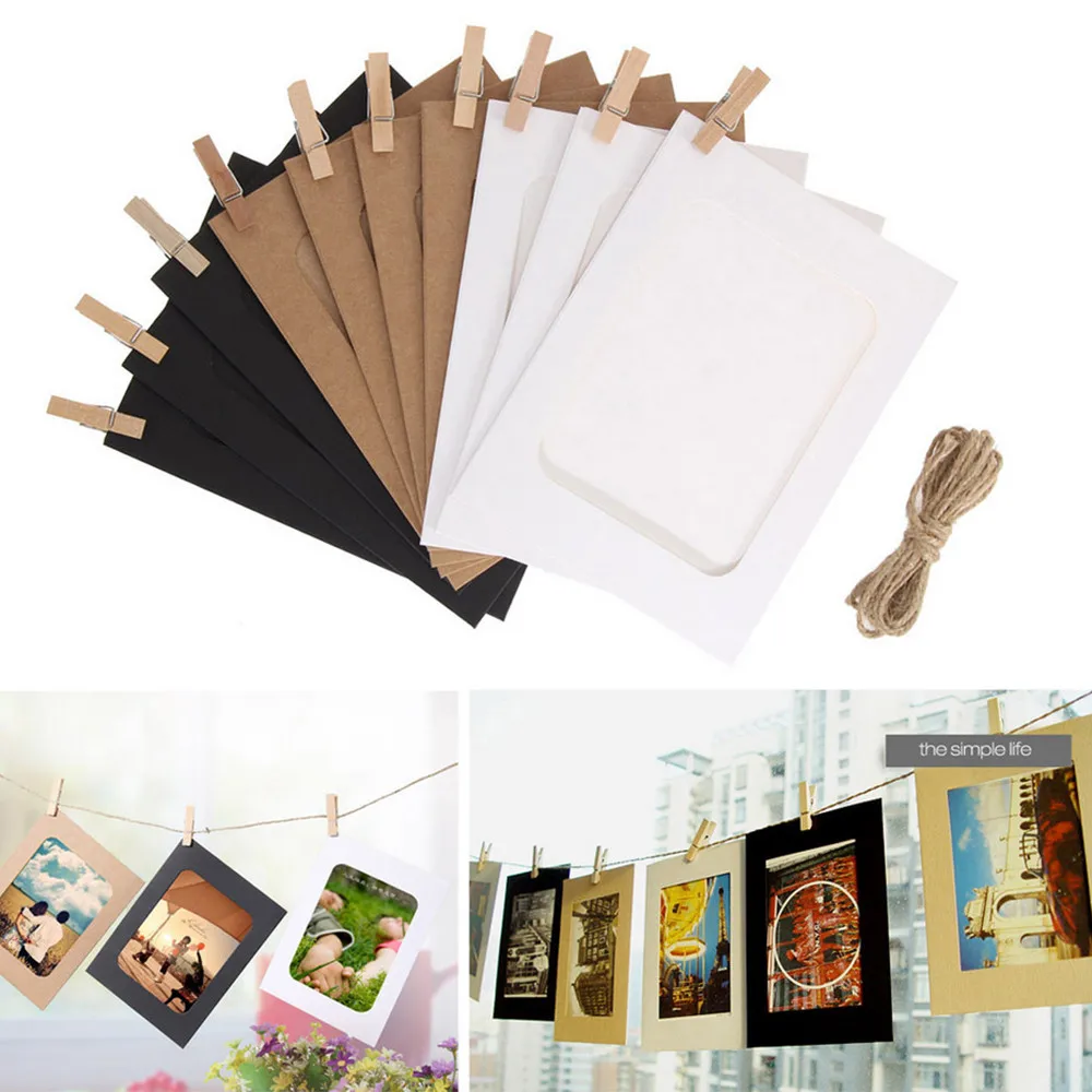 10pcs/Set Combination Paper Frame With Clips Diy Kraft Paper Picture Frames Hanging Wall Photos Album Home Decoration Frame Set