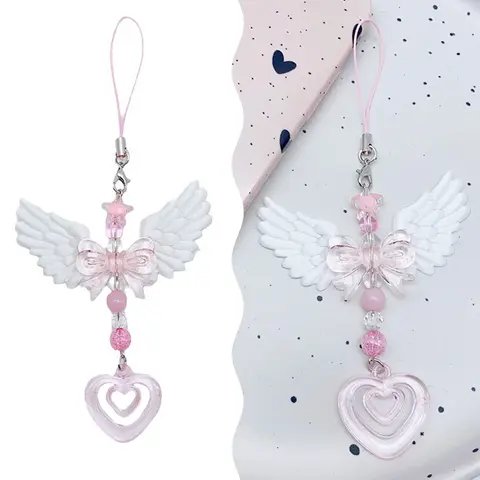 Sweet Wings Bow Heart Mobile Strap Phone Pendant Chain For Girls Women Fashion Lovely Keychain Bags Decorative Accessories Gifts