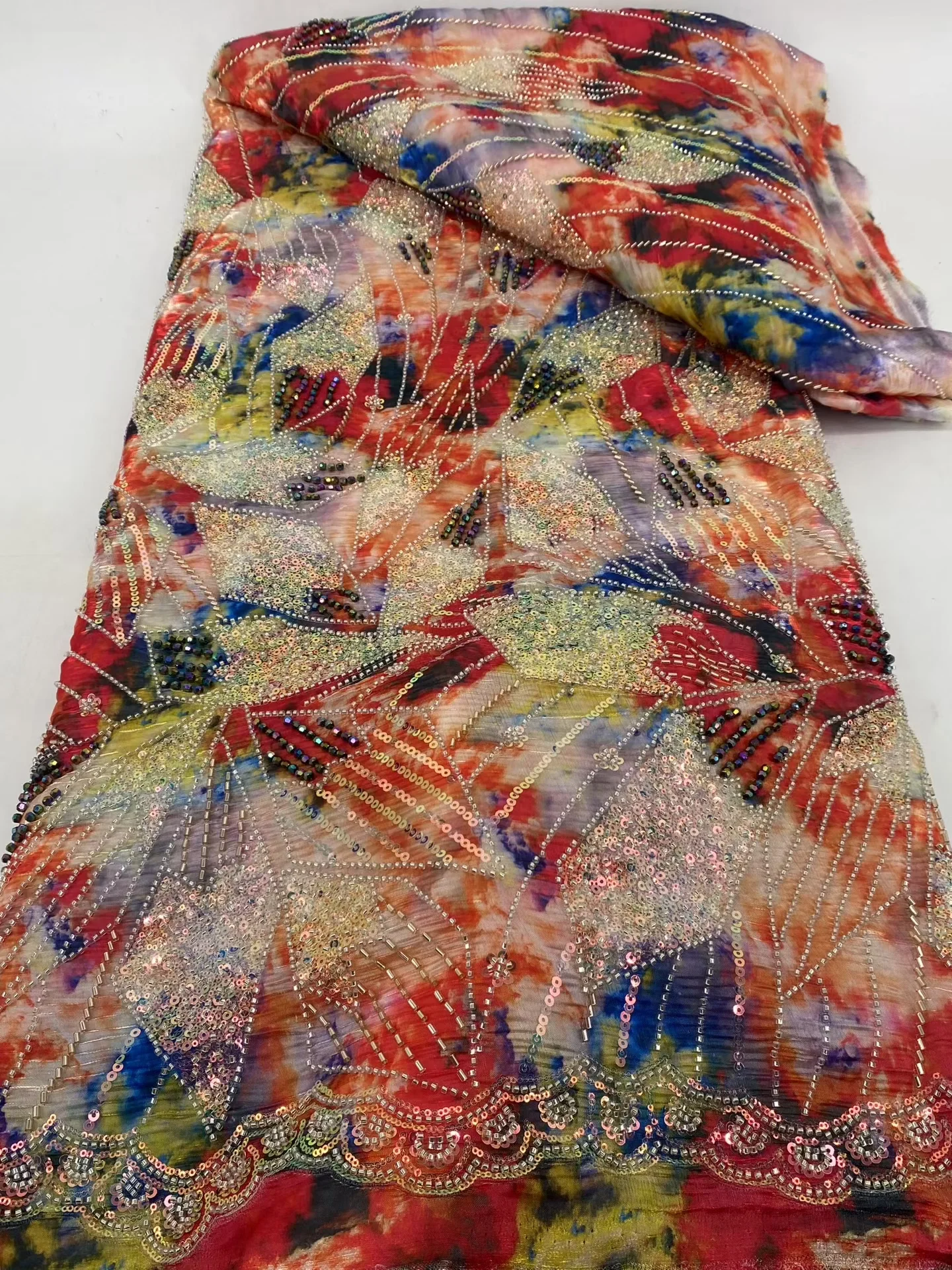 

5 Yards Luxurious African Groom Sequins Lace Fabric High Quality French Embroidery Heavy Beads Lace Nigerian Sewing Dress H63-1