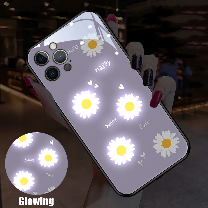 

Beautiful Daisy LED Light Glowing Luminous Case for iPhone 16 Series Tempered Glass Cover for Friend Christmas Gift Giving