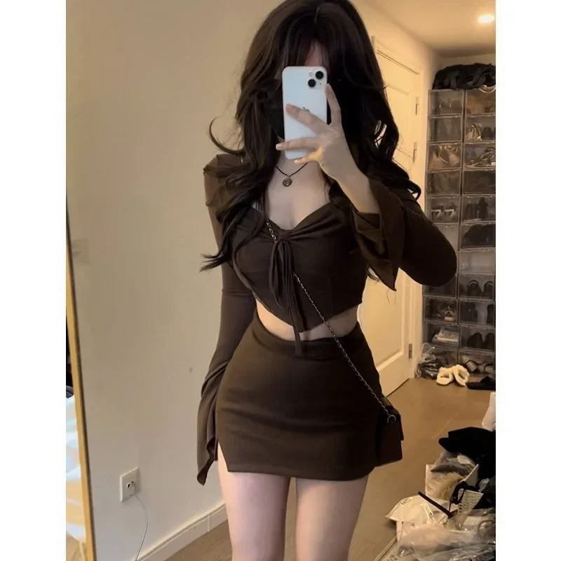 Two Peice Dress Set for Women Blouse and Skirt Set Y2K Brown Square Neck Pleated Long Sleeve Corset Shirt Cropped Top Mini Skirt