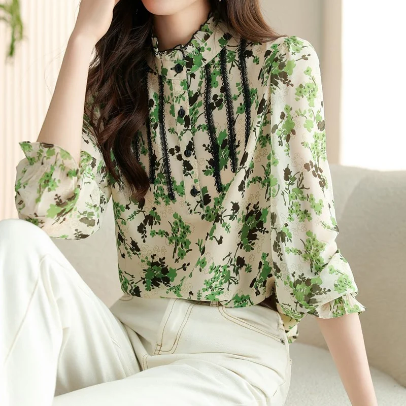 Elegant Floral Ruffles Blouse Spring Long Sleeve Chiffon Print Loose Thin Office Shirt Tops Fashion Temperament Women Clothing