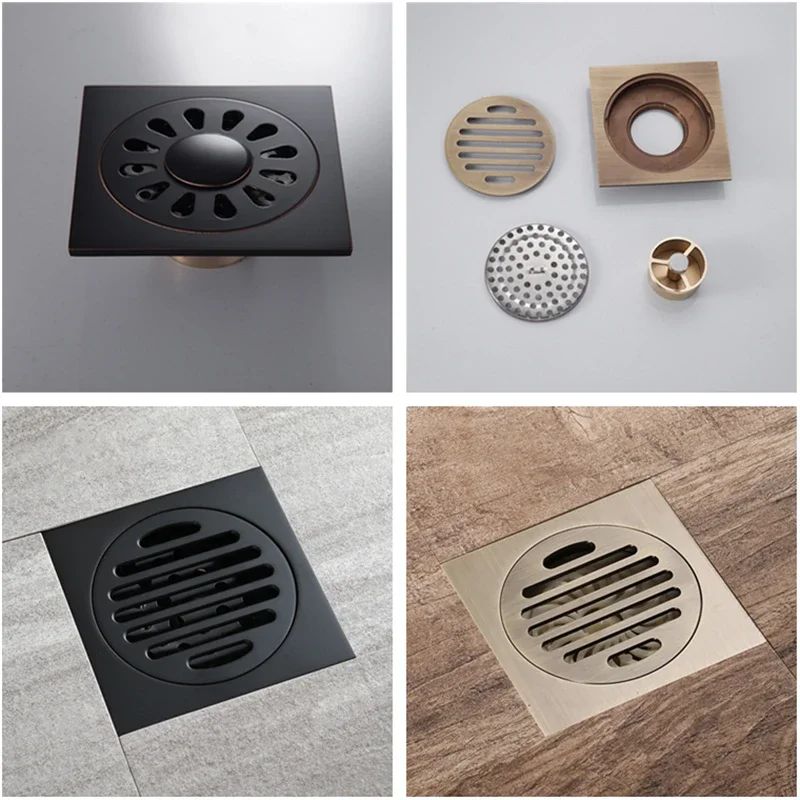 

Black/Antique Brass Floor Drains Square 10×10 cm Bathroom Shower Floor Drain Waste Grate With Hair Strainer Hardware Accessories