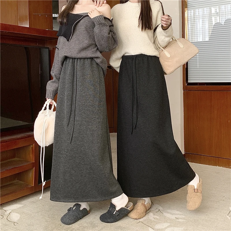 Autumn Winter Thickened Elastic Waist Drawstring Slim A-Line Skirt Woolen Half-length Casual Skirt Versatile Long Skirt