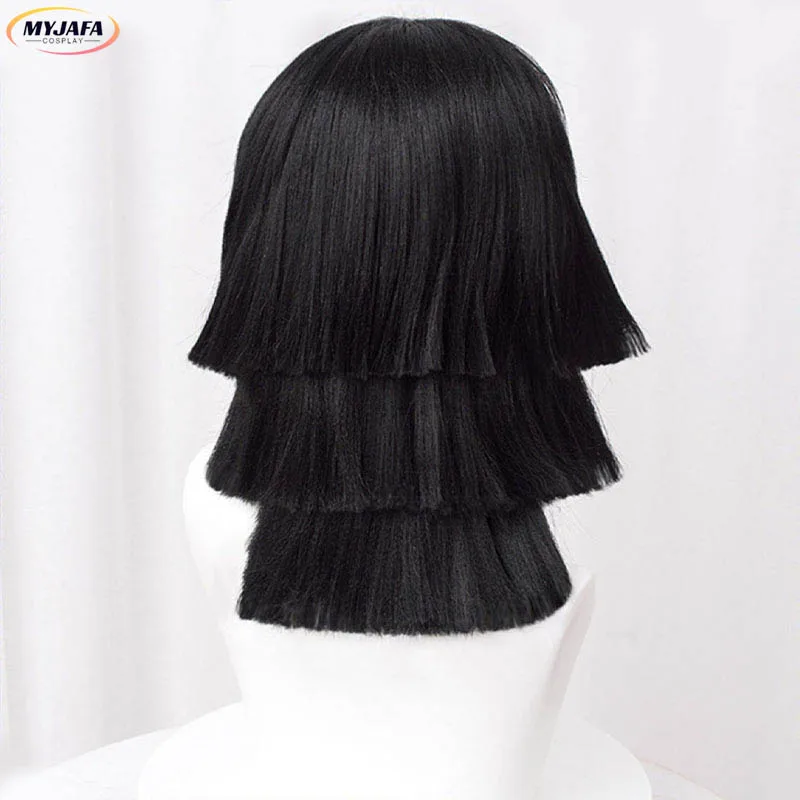 Parrucca Cosplay Iguro Obanai di alta qualità parrucche Anime per capelli resistenti al calore in stile nero corto + cappuccio per parrucca