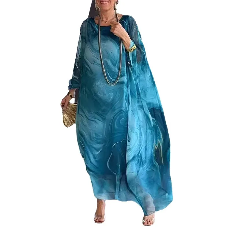 Robes texturées en marbre pour femmes musulmanes au moyen-orient dubaï, nouvelles Robes d'été pour femmes irrégulières en mousseline de soie imprimée