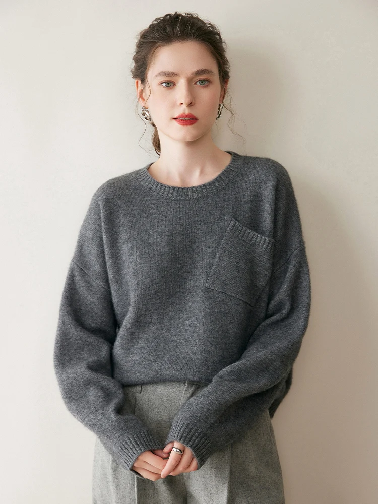 เสื้อสเวตเตอร์แคชเมียร์แท้ 100% สำหรับผู้หญิง ฤดูใบไม้ร่วง-ฤดูหนาว 2025 ทรงหลวม สวมหัว สบายๆ คอโอ ผ้าถักเนื้อนุ่ม มีกระเป๋า
