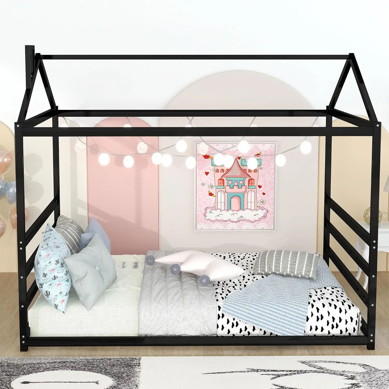 Queen Size Floor Bed for Kids,Montessori Floor Bed with Roof,House Bed Frame Queen for Boys Girls,Black