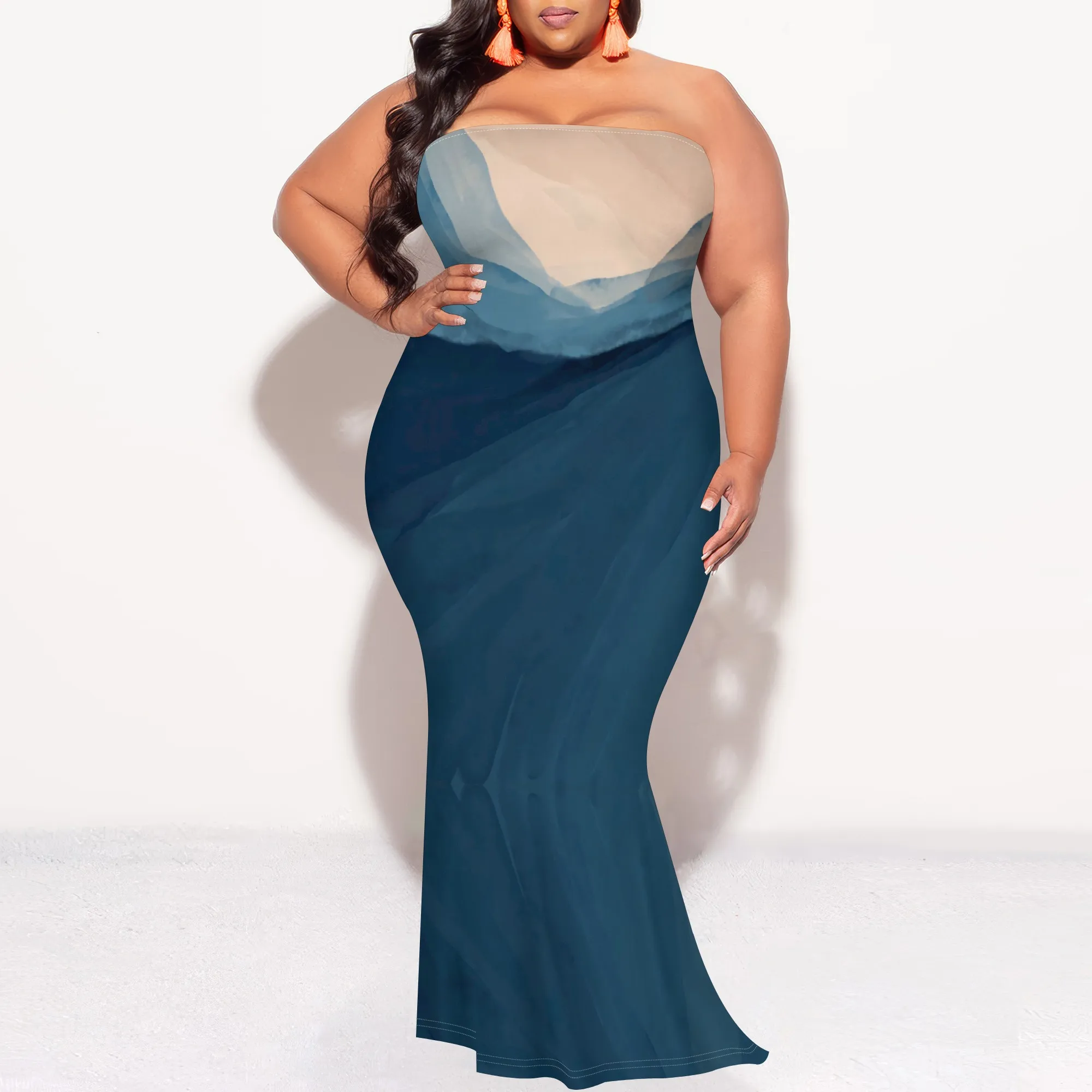 

Women's Floral Polyester Plus Size Strapless Dress Faded Blue Party Evening