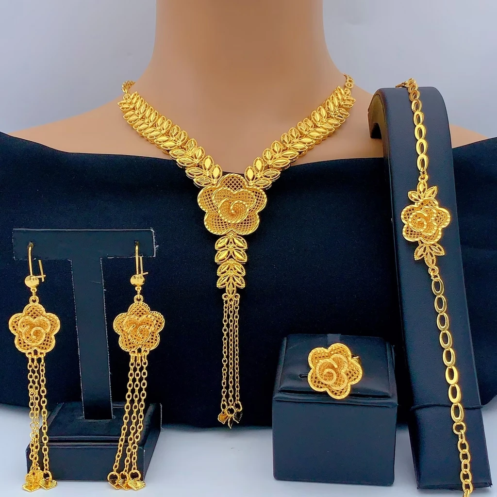 Äthiopisches 24K Goldfarbenes Schmuckset für Damen, Brautschmuck, nigerianischer Dubai-Stil, große Halskette, Armband, Ohrringe, Ringset, Partygeschenk