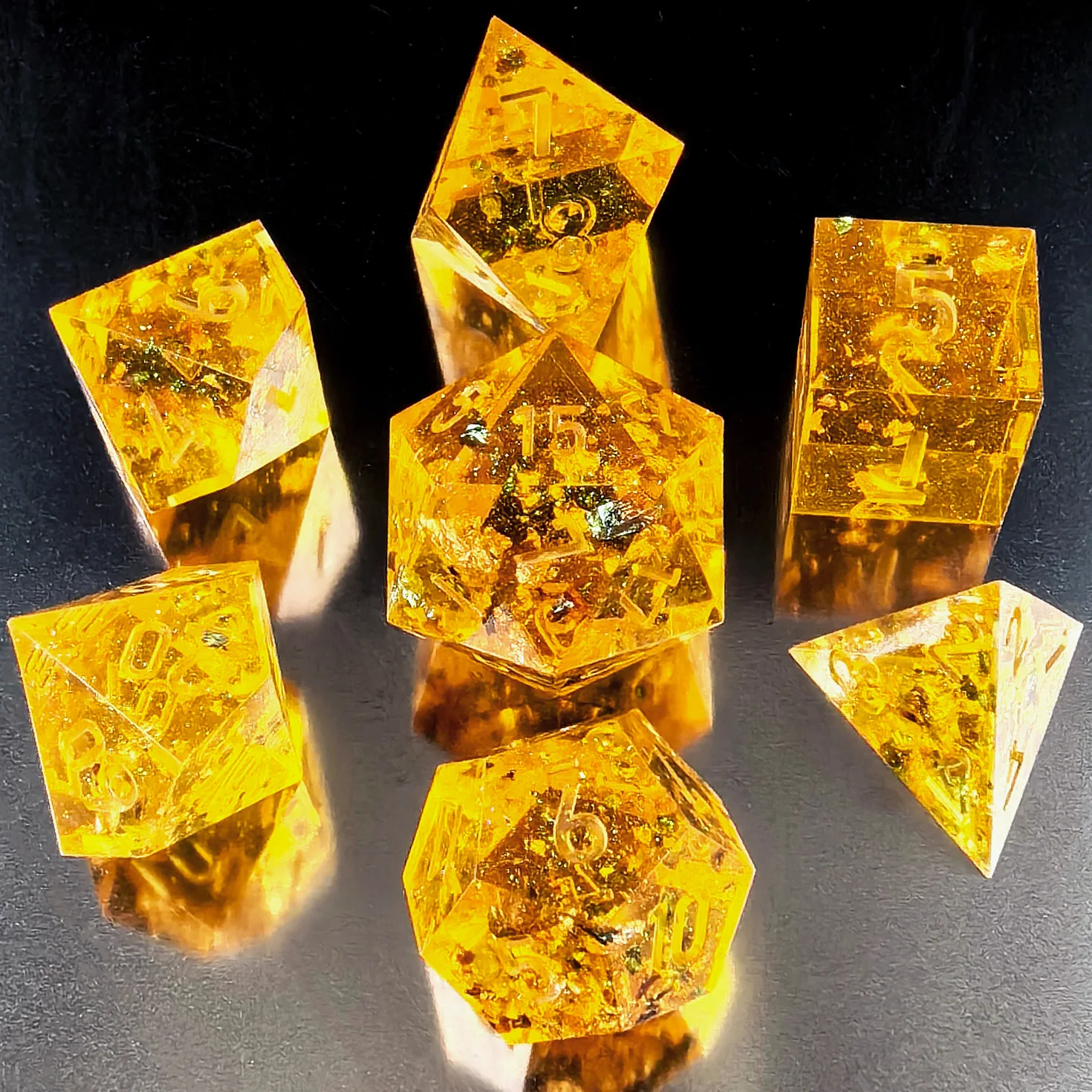 Unpainted Shimmery Sharp Edge DND Dice Set with Golden foil, Handmade 7 Piece Razor Edged Polyhedral RPG Dice Set