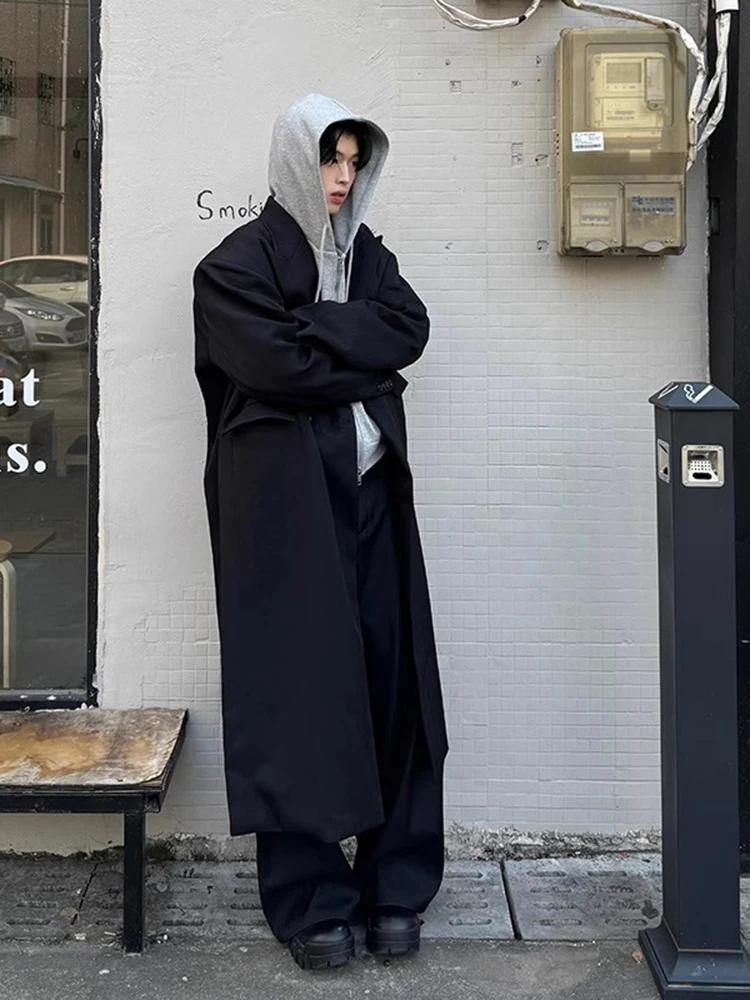 Black Over-Knee Woolen Men's Coat Korean Style High-End Feeling Mid-Length Autumn Winter Couple Outerwear Casual Fashion