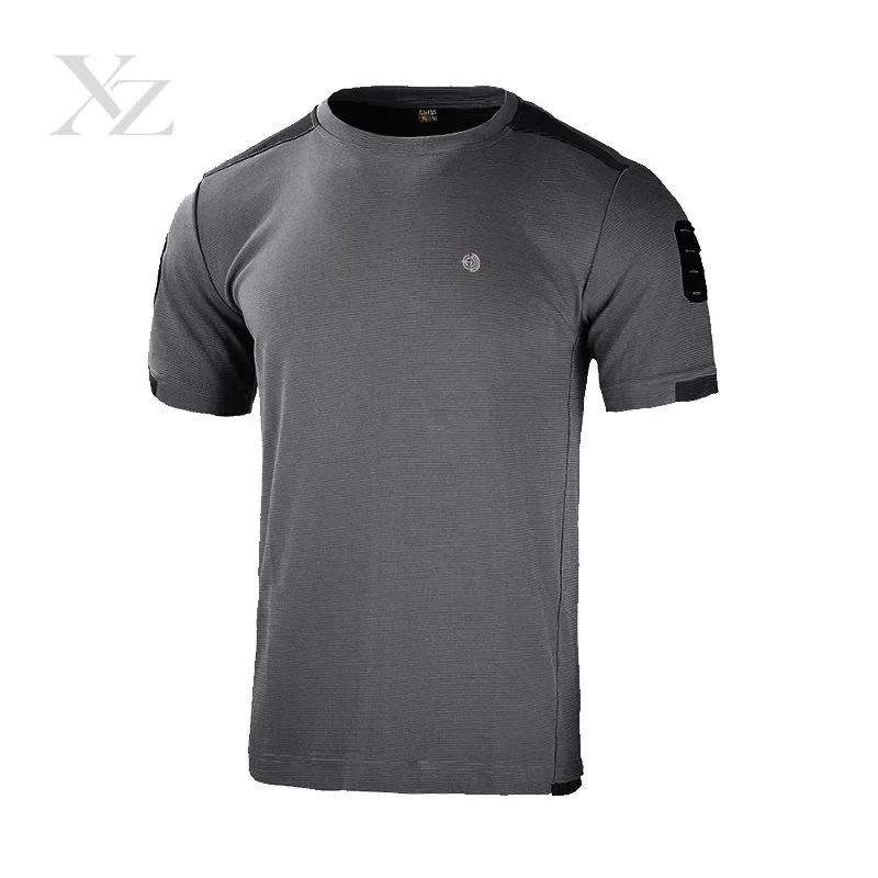 Hot Sale Men's Quick Dry Short Sleeve Tactical Athletic T-Shirt with Mesh Reflective Logo Shoulder Velcro
