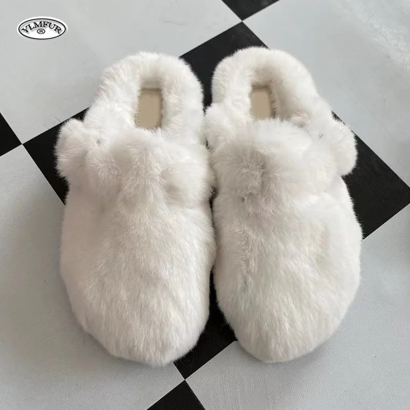 2024 dedo do pé fechado chinelos de algodão quente feminino pele do falso engrossar pelúcia inverno casa sapatos mulher casual interior slides chinelos femininos