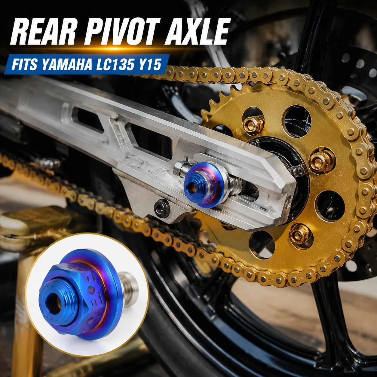 Motorcycle Stainless Steel Swingarm Axle Front Rear Wheel Spindle Shaft Burned Blue Gold Nut For Yamaha LC135 Y15 Modified Parts