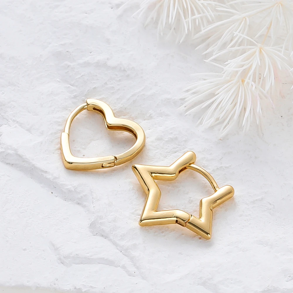 2Pcs Heart Star Hoop Stud Earrings 18K Gold Color Plated Brass for Women Girls  Fashion Ring Earrings Jewelry Accessories