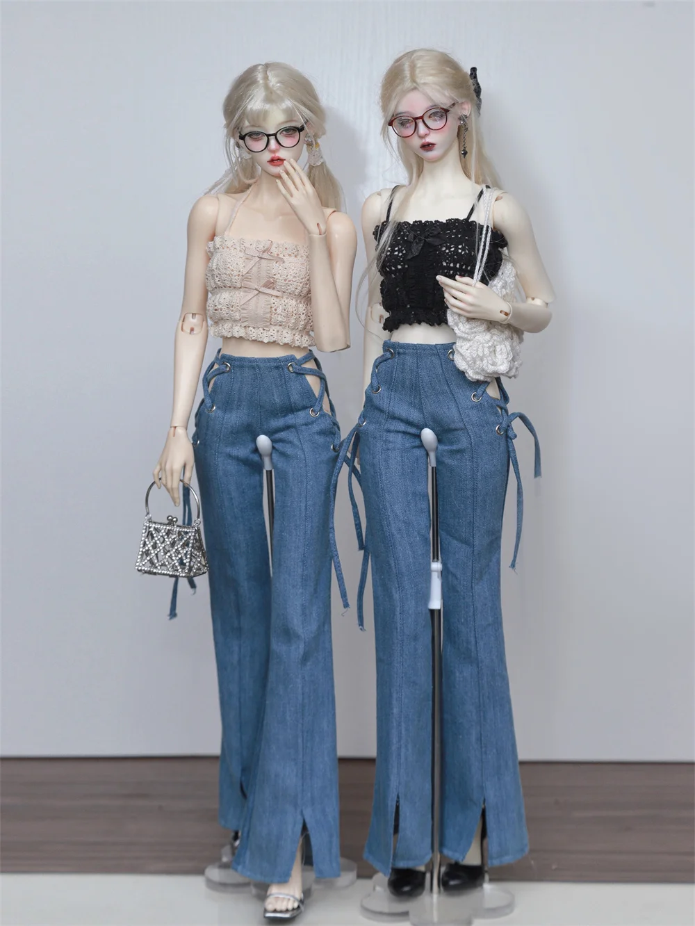 1/4 1/3 Scale BJG Dolls Clothes Lace Hollow Suspender Vest Sexy Slim Low Waisted Jeans Denim Flare Bottoms Model ﻿