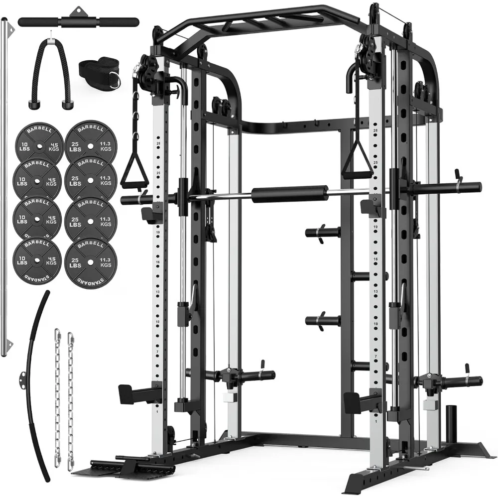 

Smith Machine, Multifunctional Power Cage Rack with Smith Bar and Cable Pulley System, and LAT Pull Down Machine for Home